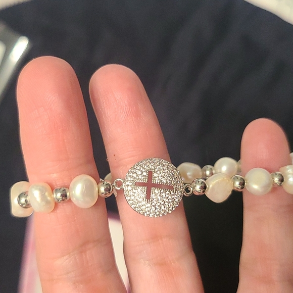 Silver Pearl Cross Bracelet - Picture 5 of 6
